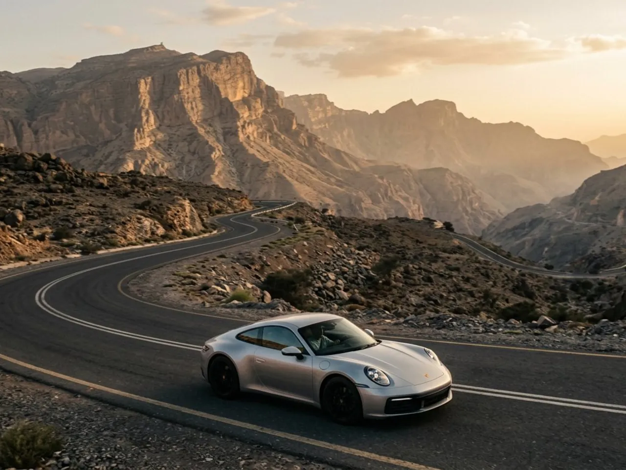 A silver sports coupe on a winding mountain road in the Hajar mountains of Oman at golden hour — placeholder imagery for Clutch Oman.